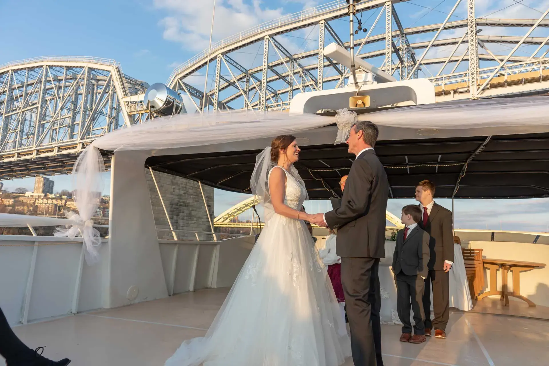 Bride and groom exchanging vows aboard The Destiny