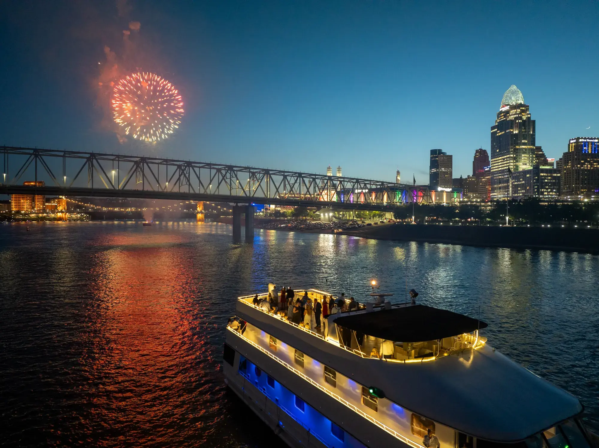 Fireworks over the Ohio River behind The Destiny yacht during an evening reception