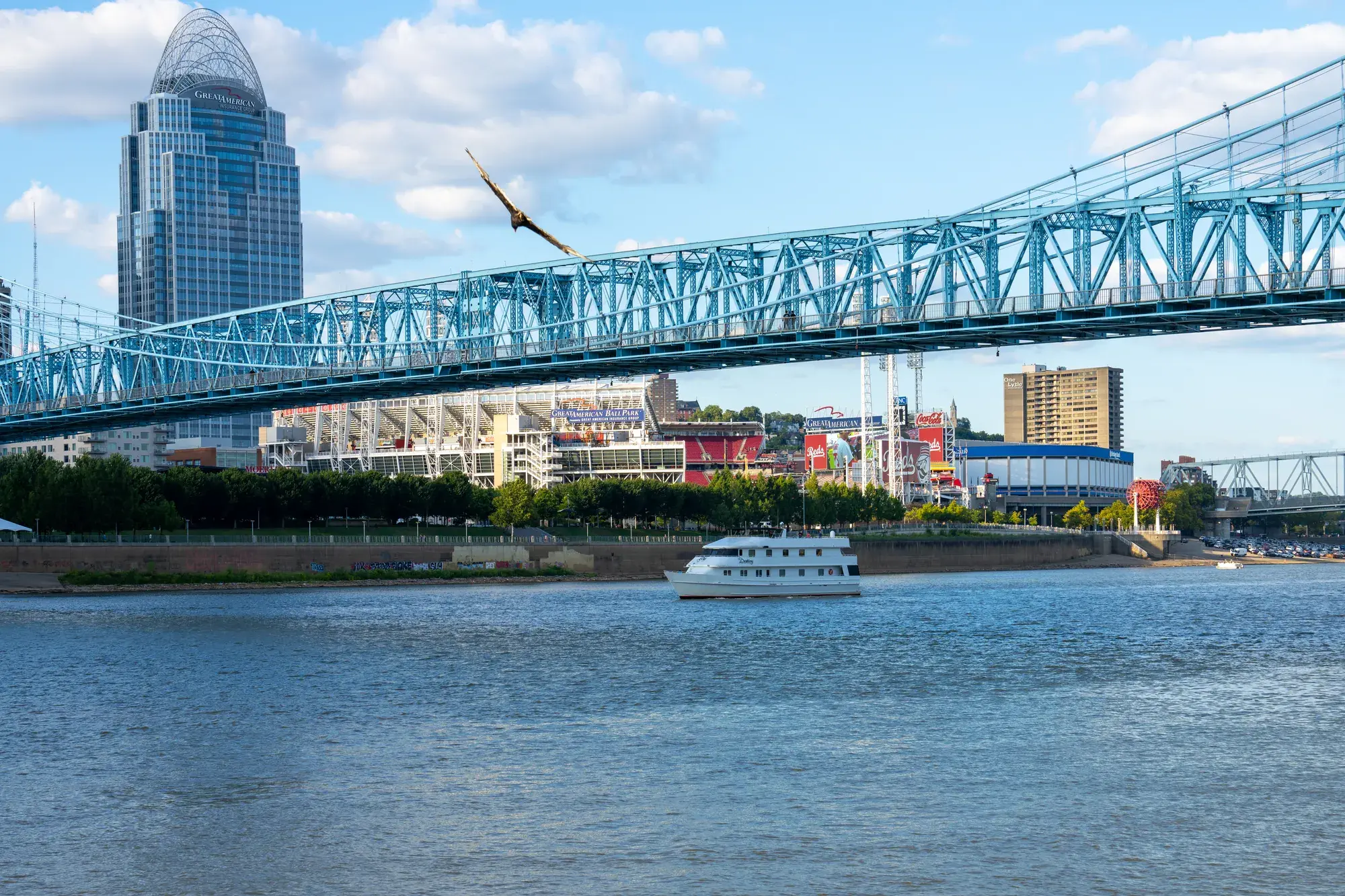 The Destiny cruising past Great American Ball Park with an eagle overhead