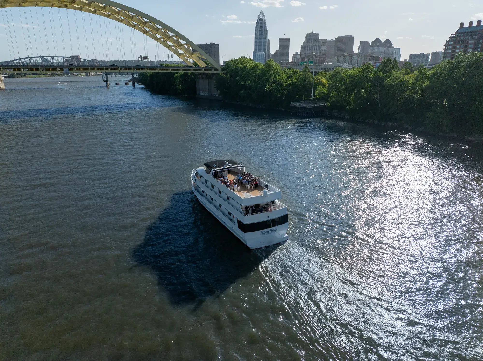 Aerial view of The Destiny on the Ohio River at golden hour