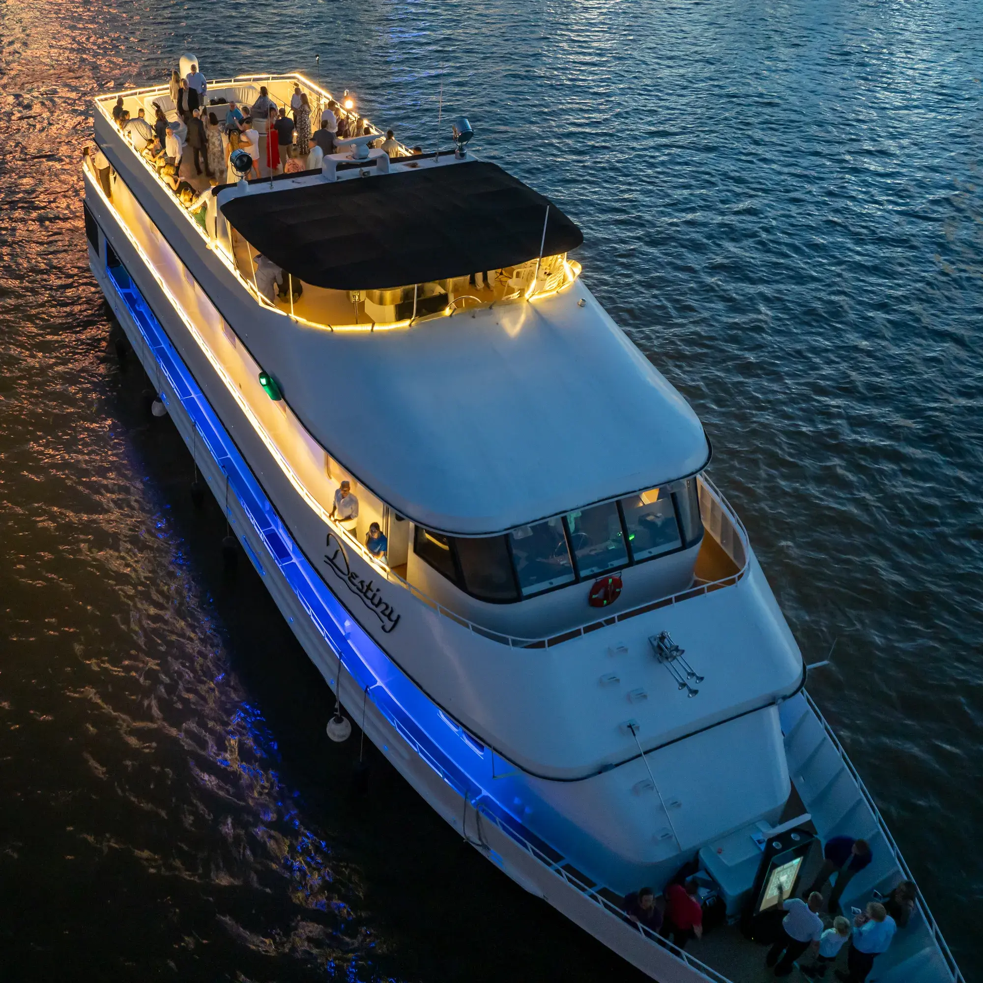 The bow of The Destiny at dusk on the Ohio River