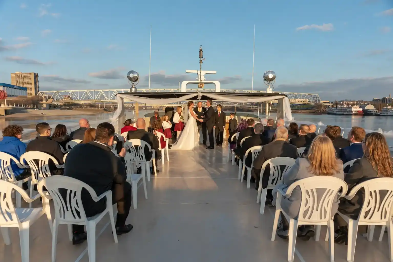 Wedding ceremony on the open-air deck of The Destiny yacht in Cincinnati